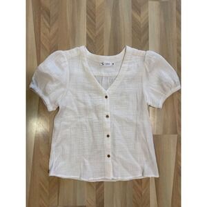 Carve Designs White Organic Cotton Gauze Puff Sleeve Button Front Top XS